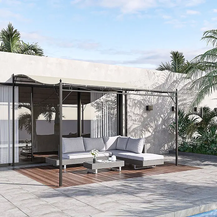 Outsunny Pergola - Farbe Gestell: Schwarz, Metall - Schwarze Metall-Pergola mit cremefarbenem Dach über einem grauen Outdoor-Sofa und Couchtisch auf einer Holzterrasse.