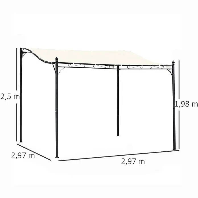 Outsunny Pergola - Farbe Gestell: Schwarz, Metall - Schwarze Metallpergola mit cremefarbenem Stoffdach, Maße: 2,5 m hoch (vorn), 1,98 m hoch (hinten), 2,97 m lang/breit.