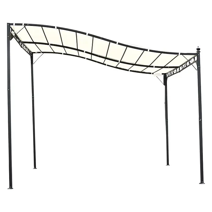 Outsunny Pergola - Farbe Gestell: Schwarz, Metall - Cremefarbene Stoff-Pergola mit wellenförmigem Dach und dunklem Metallrahmen.
