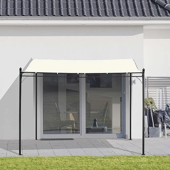 Outsunny Pergola - Farbe Gestell: Schwarz, Metall - Terrassenpavillon mit dunklem Metallrahmen und cremefarbenem Stoffdach, der Schatten vor einem Haus spendet.