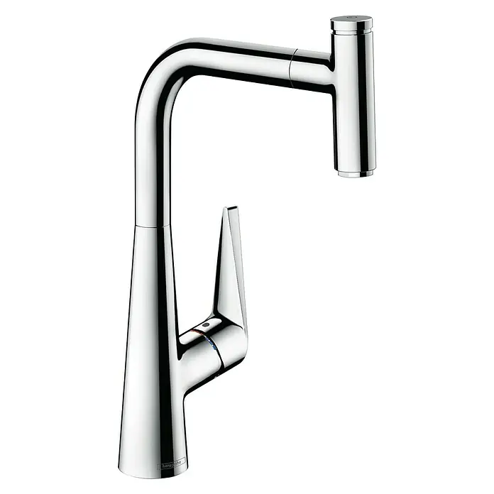 Hansgrohe Talis Select Spültischarmatur S 300 - Chrom, Glänzend, Ausziehbar - Diese Nahaufnahme zeigt eine elegante Chrom-Küchenarmatur. Das schlanke Design und der hohe Auslauf machen sie zu einem Blickfang in jeder Küche.