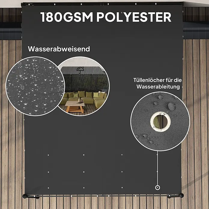 Outsunny Pergola - Farbe Gestell: Schwarz, Metall - Dunkelgrauer 180GSM Polyester-Sichtschutz mit wasserabweisendem Stoff und Entwässerungsösen, auf Holzterrasse montiert.