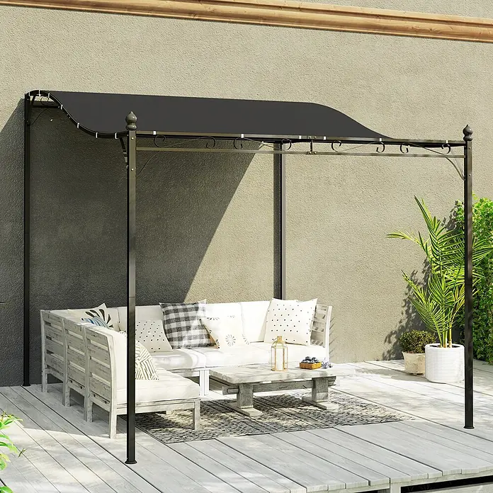 Outsunny Pergola - Farbe Gestell: Schwarz, Metall - Schwarze Metall-Pergola mit schwarzem Stoffdach spendet Schatten für einen Outdoor-Loungebereich auf einer Holzterrasse.