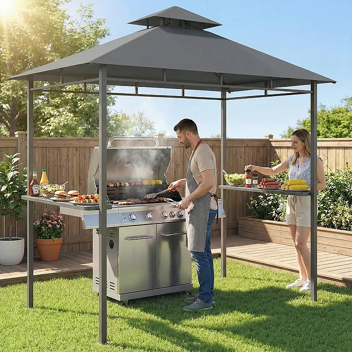 Outsunny Grillpavillon - Farbe Gestell: Dunkelgrau, Metall - Dunkelgraues Metall-Grillpavillon spendet Schatten für einen grillenden Mann und eine Frau, die Essen in einem sonnigen Garten zubereitet.