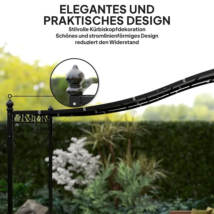 Outsunny Pergola - Farbe Gestell: Schwarz, Metall - Schwarze Metallkonstruktion mit stilvollen Kürbiskopfaufsätzen, betont ihr elegantes Design.