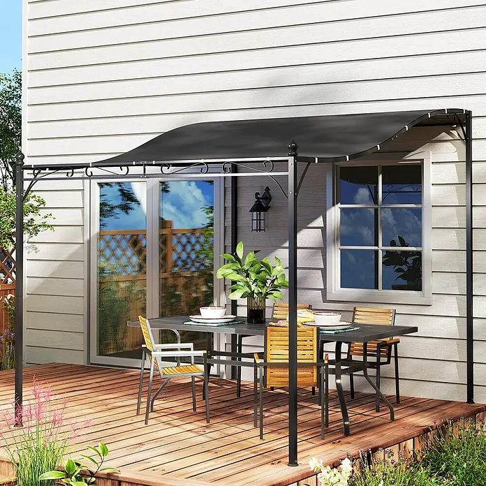 Outsunny Pergola - Farbe Gestell: Schwarz, Metall - Schwarze Metall-Terrassenmarkise mit Stoffdach, spendet Schatten über einer Essgruppe auf einer Holzterrasse.