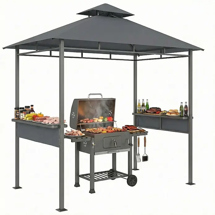 Outsunny Grillpavillon - Farbe Gestell: Dunkelgrau, Metall - Graues Metall-Grillpavillon mit Holzkohlegrill, Essen, Getränken und Grillutensilien auf Seitenablagen, bereit zum Grillen im Freien.