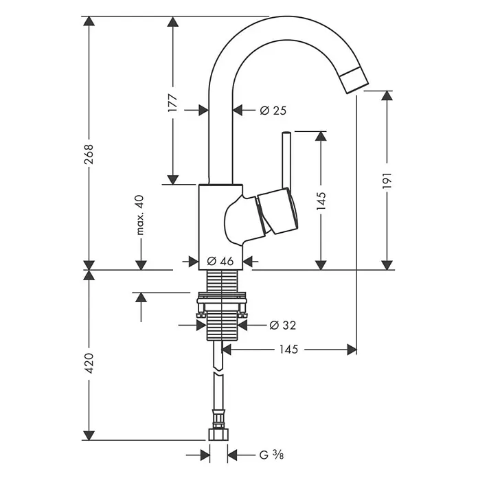 Hansgrohe Talis S Waschtischarmatur 200 - Chrom, Glänzend - Technische Zeichnung einer Küchenarmatur mit allen Maßangaben zu Höhe, Ausladung und Durchmesser der einzelnen Elemente.