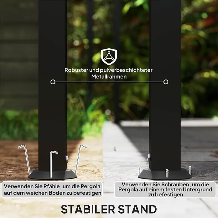 Outsunny Pergola - Farbe Gestell: Schwarz, Metall - Robuste, schwarze Pergola-Pfostenbasis mit Erdspießen oder Schrauben für stabilen Halt auf unterschiedlichem Untergrund.