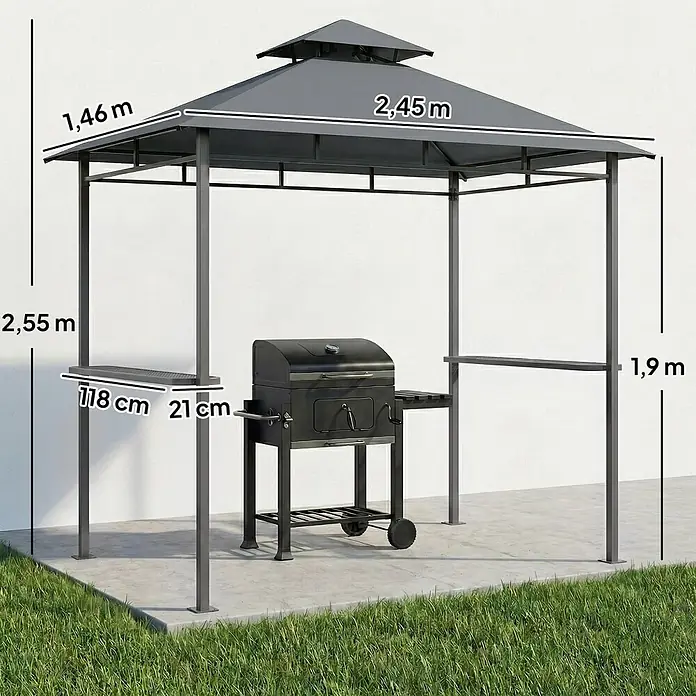 Outsunny Grillpavillon - Farbe Gestell: Dunkelgrau, Metall - Dunkelgrauer BBQ-Pavillon mit Seitenablagen, Dach 2,45x1,46m, Höhe 2,55m.