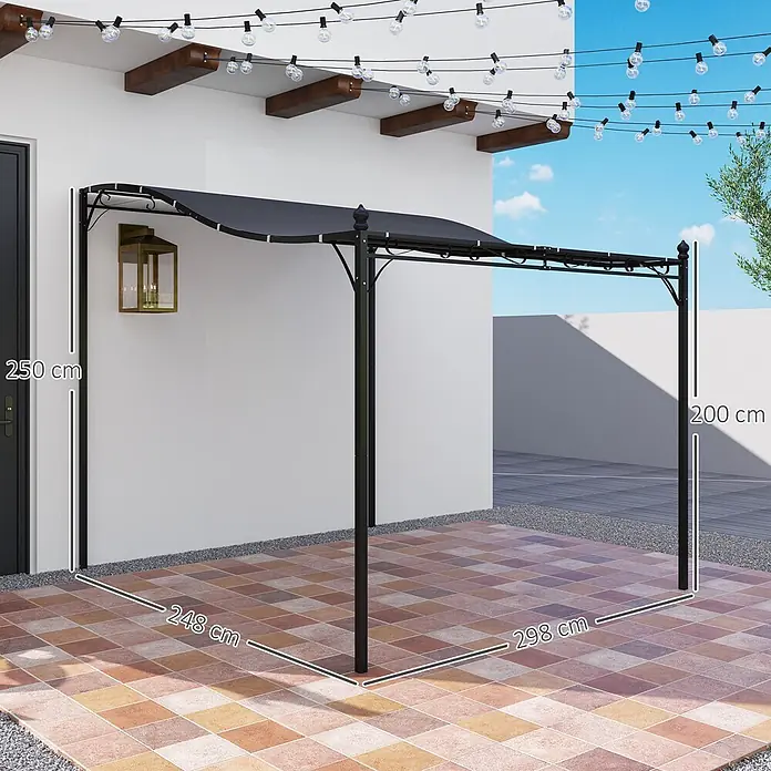 Outsunny Pergola - Farbe Gestell: Schwarz, Metall - Schwarze Metallpergola mit dunkelgrauem Vordach an einer Hauswand, spendet Schatten auf einer Terrasse. Maße 248x298 cm, Höhen 250 und 200 cm.