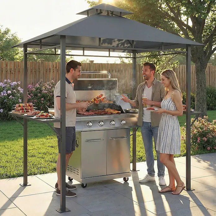 Outsunny Grillpavillon - Farbe Gestell: Dunkelgrau, Metall - Dunkelgrauer Metall-Grillpavillon mit Stoffdach, der einen Edelstahlgrill und grillende Personen überdacht.