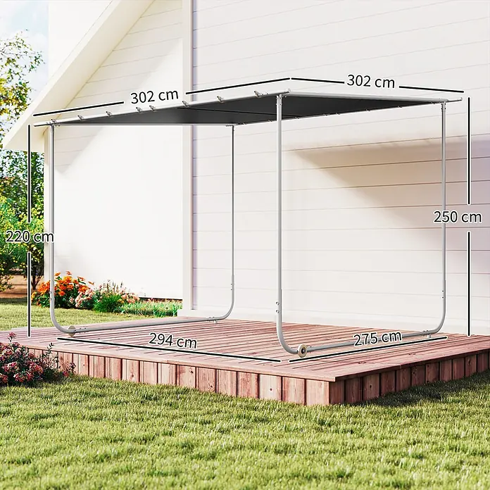 Outsunny Pergola - Farbe Gestell: Grau, Stahl - Outdoor-Canopy mit grauem Metallrahmen und dunklem Stoffdach, 302x302 cm oben, 294x275 cm unten, Höhen 220/250 cm, auf Holzdeck.