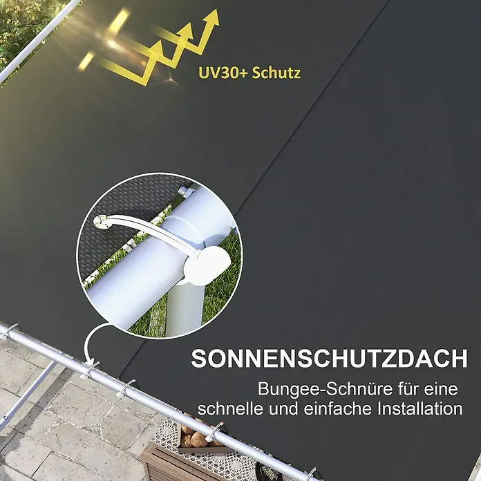 Outsunny Pergola - Farbe Gestell: Grau, Stahl - Dunkelgraues Sonnenschutzdach mit UV30+ Schutz, befestigt mit Bungee-Schnüren an einem Gestell zur schnellen Installation.