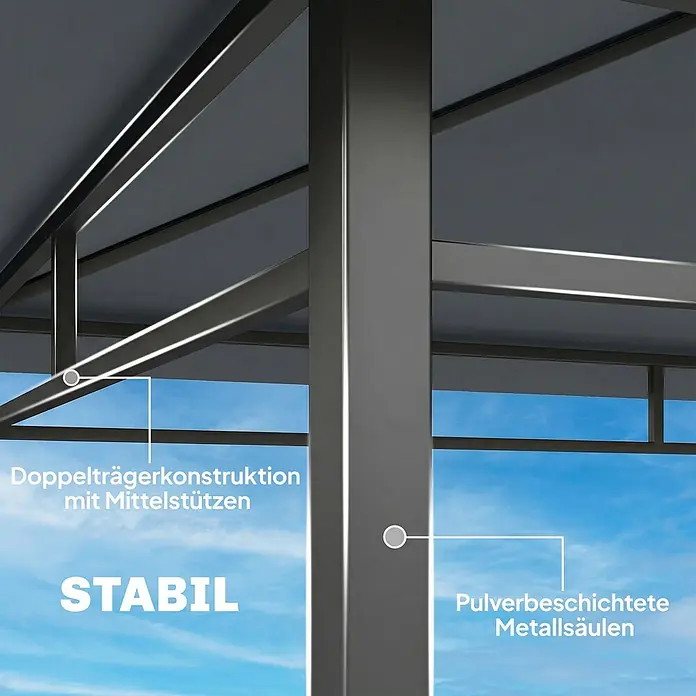 Outsunny Grillpavillon - Farbe Gestell: Dunkelgrau, Metall - Dunkelgraue, pulverbeschichtete Metallkonstruktion mit Doppelträgern, Mittelstützen und stabilen Säulen vor blauem Himmel.