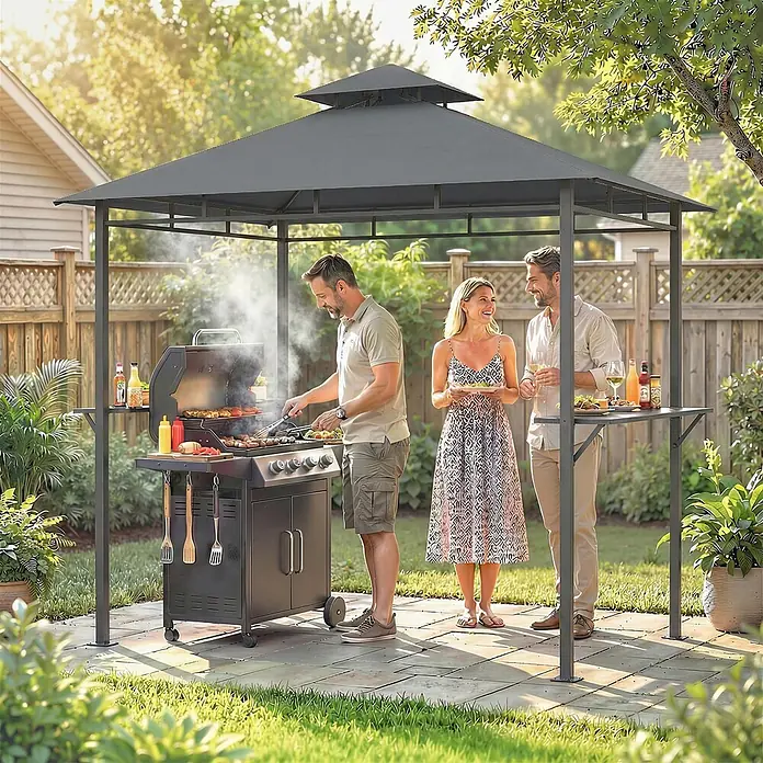 Outsunny Grillpavillon - Farbe Gestell: Dunkelgrau, Metall - Dunkelgrauer Grillpavillon mit zwei Seitenablagen, spendet Schatten für eine Grillparty im Garten.
