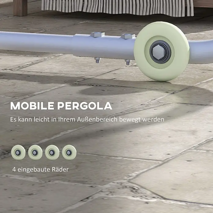 Outsunny Pergola - Farbe Gestell: Grau, Stahl - Nahaufnahme eines hellgrünen Rades auf einer Metallschiene einer mobilen Pergola, betont die leichte Manövrierbarkeit im Freien.
