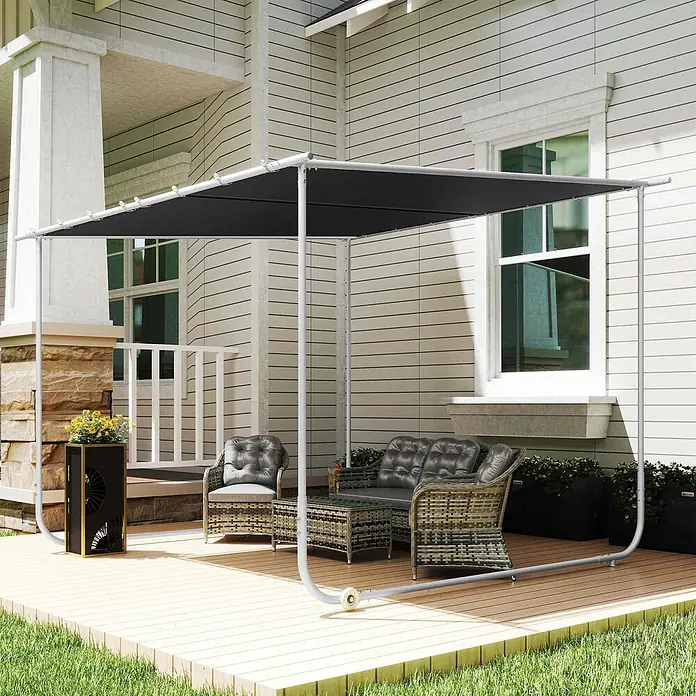 Outsunny Pergola - Farbe Gestell: Grau, Stahl - Terrassenüberdachung mit weißem Metallrahmen und schwarzem Stoffdach, spendet Schatten auf einer Holzterrasse.