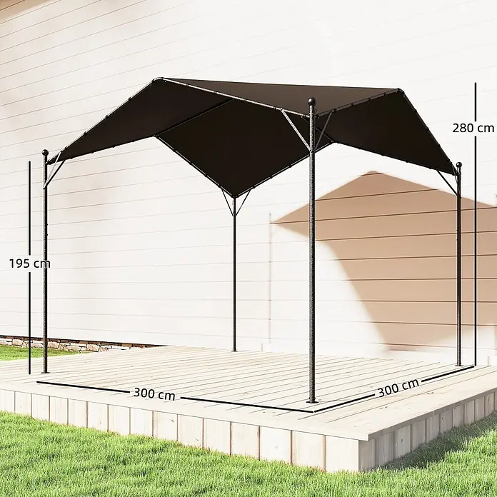 Outsunny Pergola - Farbe Gestell: Schwarz, Metall - Schwarzer Metallpavillon mit Stoffdach auf einer Holzterrasse. Maße: 300x300 cm, Höhen: 195 cm und 280 cm.