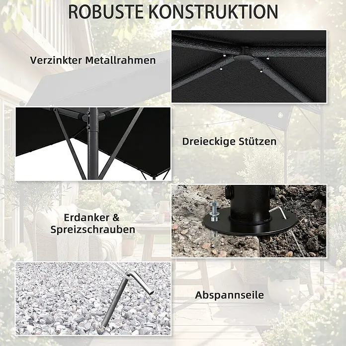 Outsunny Pergola - Farbe Gestell: Schwarz, Metall - Details zur robusten Pavillon-Konstruktion: verzinkter Metallrahmen, dreieckige Stützen, Erdanker, Spreizschrauben und Abspannseile.