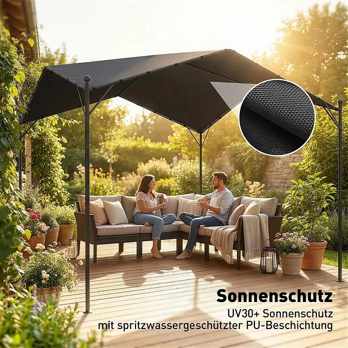 Outsunny Pergola - Farbe Gestell: Schwarz, Metall - Schwarzes Outdoor-Pavillon mit UV30+ Sonnenschutz und spritzwassergeschütztem PU-Dach, schützt eine Lounge auf der Terrasse.