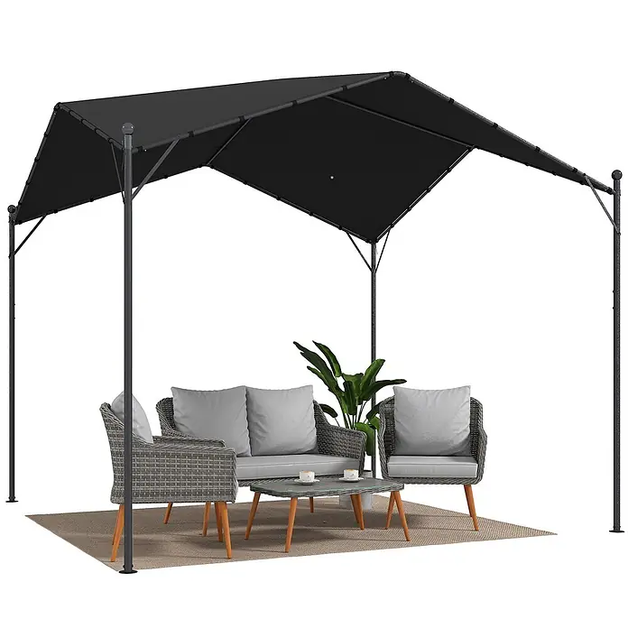 Outsunny Pergola - Farbe Gestell: Schwarz, Metall - Schwarzes Metallpavillon mit schwarzem Stoffdach, das eine graue Korbmöbelgruppe mit hellen Kissen und einem Couchtisch beschattet.