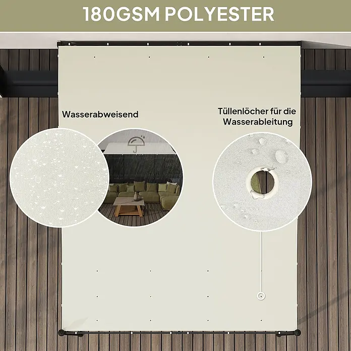 Outsunny Pergola - Farbe Gestell: Schwarz, Metall - Cremefarbenes 180GSM Polyester-Außenrollo, wasserabweisend mit Ösen zur Wasserableitung, auf einer Terrasse.