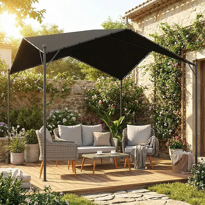 Outsunny Pergola - Farbe Gestell: Schwarz, Metall - Schwarzer Outdoor-Pavillon spendet Schatten über einer Terrassen-Loungegruppe mit Sofa, Stühlen und Couchtisch.