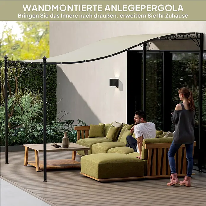 Outsunny Pergola - Farbe Gestell: Schwarz, Metall - Wandmontierte Anlegepergola mit schwarzem Gestell und hellem Sonnendach, die eine Terrasse überdacht.
