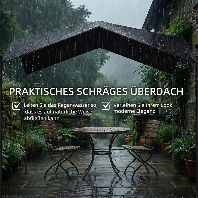 Outsunny Pergola - Farbe Gestell: Schwarz, Metall - Dunkles, schräges Überdach über einer Terrassengarnitur im Regen.