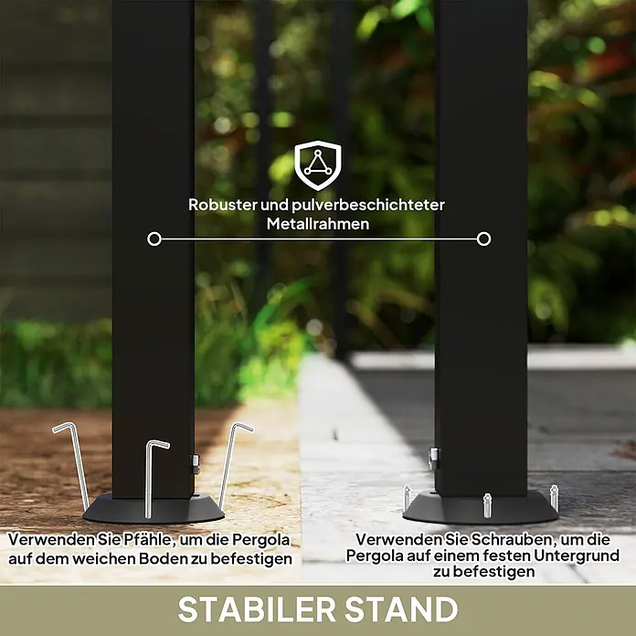 Outsunny Pergola - Farbe Gestell: Schwarz, Metall - Schwarze Metallpergola-Basis mit zwei Befestigungsoptionen: Heringen für weichen und Schrauben für festen Boden.