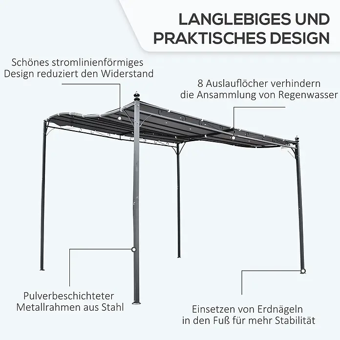 Outsunny Pergola - Farbe Gestell: Schwarz, Metall - Grauer Pavillon mit Stahlrahmen und stromlinienförmigem Dach, Entwässerungslöchern und Befestigungspunkten für Stabilität.