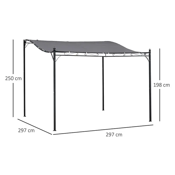 Outsunny Pergola - Farbe Gestell: Schwarz, Metall - Schwarzes Metall-Pavillon mit grauem Dach, 297x297 cm Basis, 250 cm hoch (Spitze), 198 cm (Seiten).