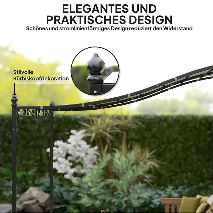 Outsunny Pergola - Farbe Gestell: Schwarz, Metall - Elegante, dunkelmetallene Gartenpergola mit dekorativen Kürbiskopf-Endstücken und stromlinienförmigem Design.