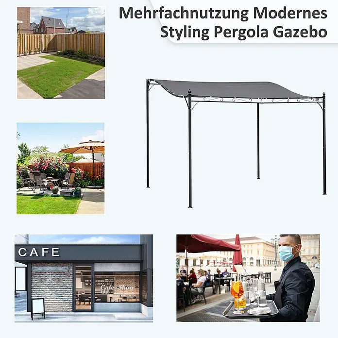 Outsunny Pergola - Farbe Gestell: Schwarz, Metall - Schwarze Metall-Pergola mit grauem Stoffdach.