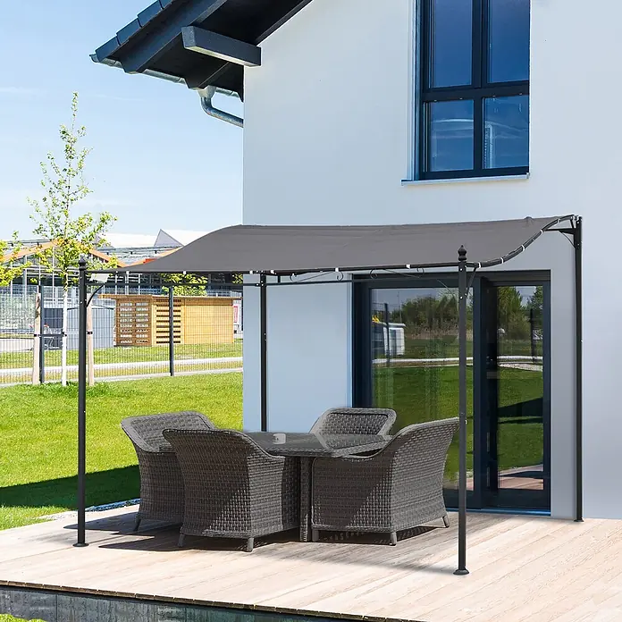 Outsunny Pergola - Farbe Gestell: Schwarz, Metall - Dunkelgraue Pergola-Markise mit schwarzem Metallrahmen, spendet Schatten über Gartenmöbeln auf Holzterrasse am Haus.