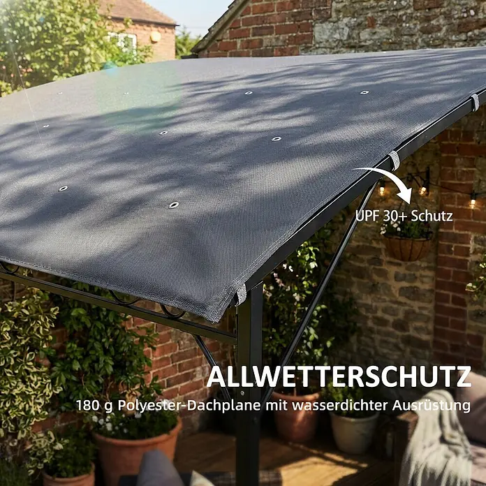 Outsunny Pergola - Farbe Gestell: Schwarz, Metall - Dunkelgraues Polyester-Pergoladach mit wasserdichter Ausrüstung und UPF 30+ Schutz für eine Terrasse.