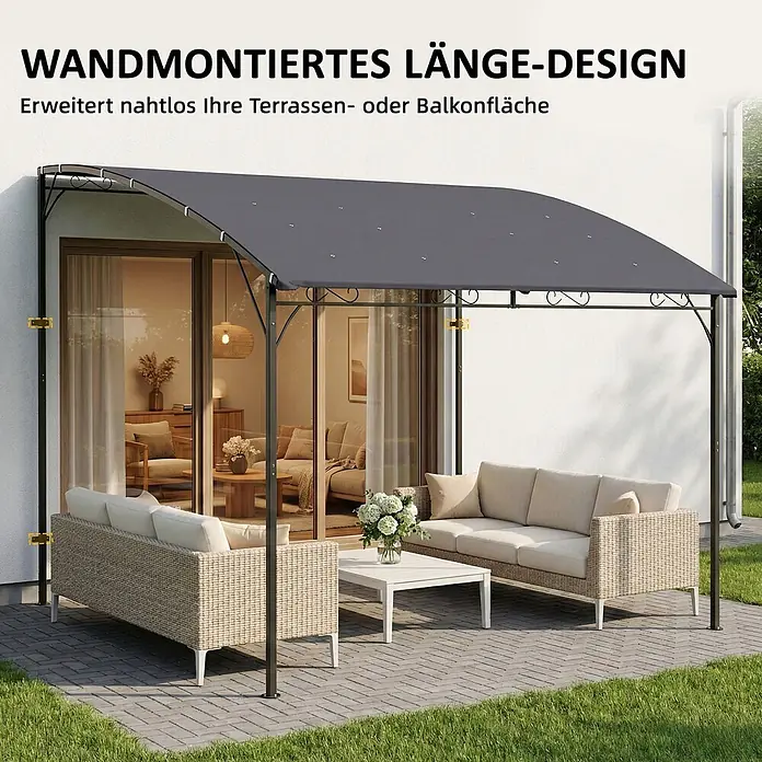 Outsunny Pergola - Farbe Gestell: Schwarz, Metall - Wandmontierte Terrassen-Pergola mit dunkelgrauem Dach und Metallrahmen, überdacht einen Sitzbereich im Freien.