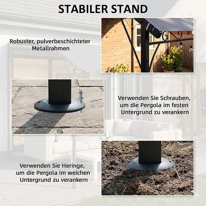 Outsunny Pergola - Farbe Gestell: Schwarz, Metall - Robuste, pulverbeschichtete Metallpergola mit stabilem Stand, zeigt Verankerungsoptionen für festen Untergrund mit Schrauben und weichen Untergrund mit Heringen.