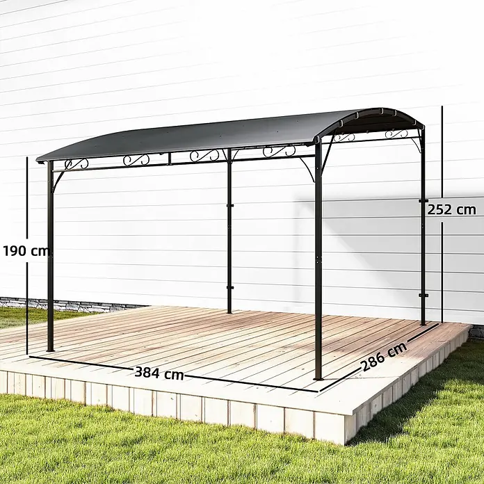Outsunny Pergola - Farbe Gestell: Schwarz, Metall - Schwarzer Metall-Pavillon mit grauem Runddach auf einer Holzterrasse, Maße: L 384 cm, B 286 cm, H 190-252 cm.