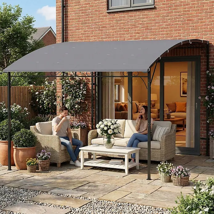 Outsunny Pergola - Farbe Gestell: Schwarz, Metall - Graues, gewölbtes Terrassen-Pavillon mit dunklem Metallrahmen, spendet Schatten für einen Sitzbereich im Freien.