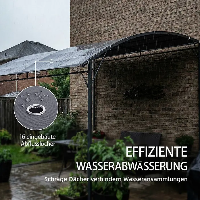 Outsunny Pergola - Farbe Gestell: Schwarz, Metall - Dunkle Pergola mit grauem Dach leitet Regenwasser effizient ab, mit schrägem Design und sichtbaren Abflusslöchern.