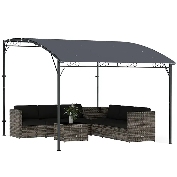 Outsunny Pergola - Farbe Gestell: Schwarz, Metall - Dunkelgrauer Pavillon mit schwarzem Metallgestell, der eine Rattan-Sitzgruppe mit schwarzen Kissen und Glas-Couchtisch schützt.