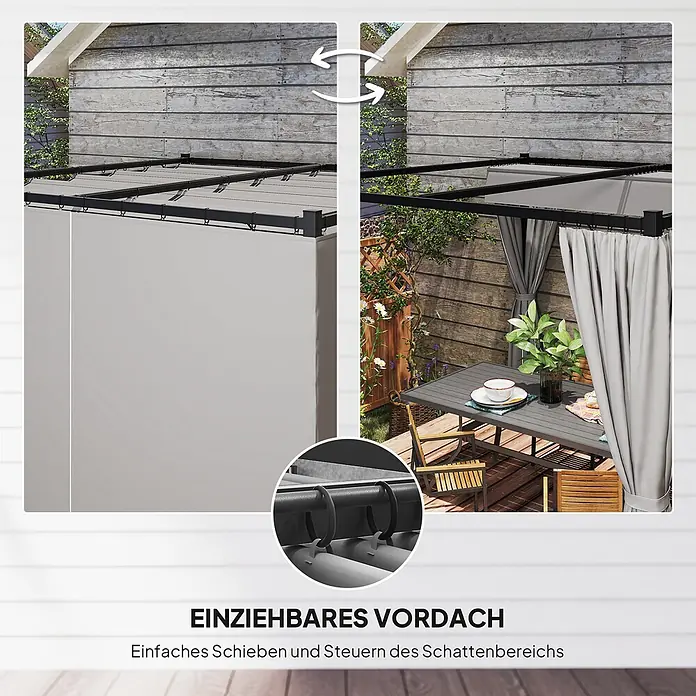 Outsunny Pergola - Farbe Gestell: Schwarz, Metall - Einziehbares graues Pergola-Vordach mit schwarzem Rahmen, aus- und eingefahren dargestellt, spendet Schatten für einen Essbereich im Freien.