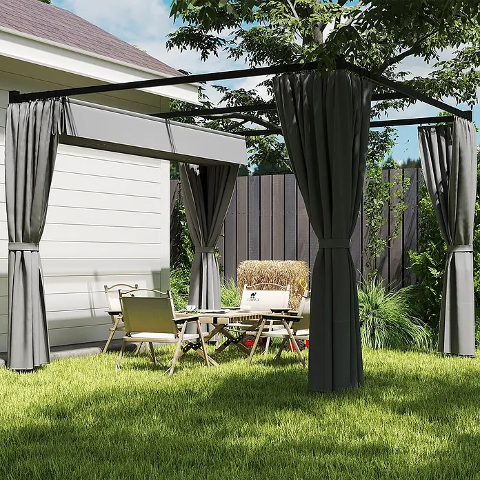 Outsunny Pergola - Farbe Gestell: Schwarz, Metall - Schwarze Metall-Pergola für den Außenbereich mit grauem Rolldach und Vorhängen, spendet Schatten für eine Essecke im Garten.