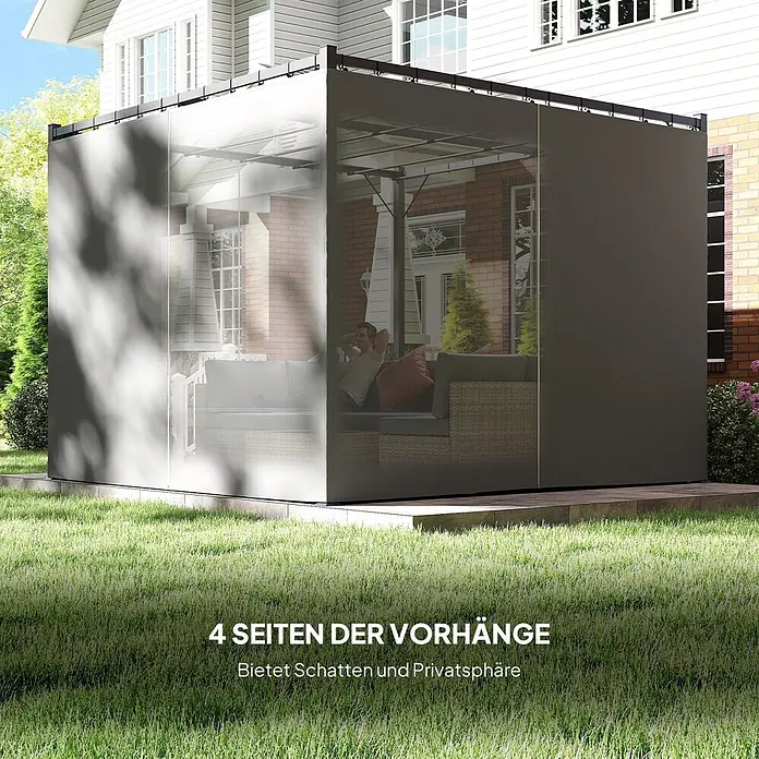 Outsunny Pergola - Farbe Gestell: Schwarz, Metall - Gartenpergola mit vier einziehbaren dunkelgrauen Seiten-Vorhängen für Schatten und Privatsphäre. Eine Person entspannt sich darin.