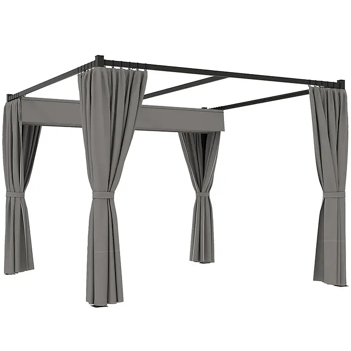 Outsunny Pergola - Farbe Gestell: Schwarz, Metall - Grauer Outdoor-Pavillon mit schwarzem Metallrahmen und zurückgebundenen grauen Vorhängen.