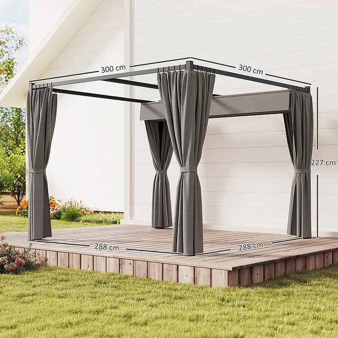 Outsunny Pergola - Farbe Gestell: Schwarz, Metall - Dunkelgrauer Terrassenpavillon (300x288x227 cm) mit ausziehbarer Markise und Vorhängen, auf Holzterrasse am Haus.