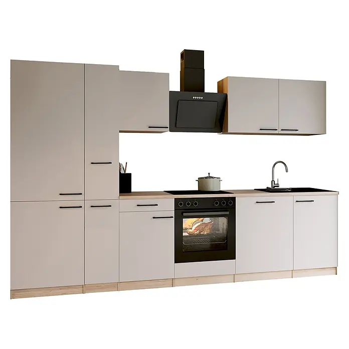 Respekta Küchenzeile Merle - Breite: 310 cm, Kaschmir, Mit Elektrogeräten - Moderne hellgraue Küchenzeile mit Holz-Arbeitsplatte, schwarzem Kochfeld, Backofen, Dunstabzugshaube und Spüle.