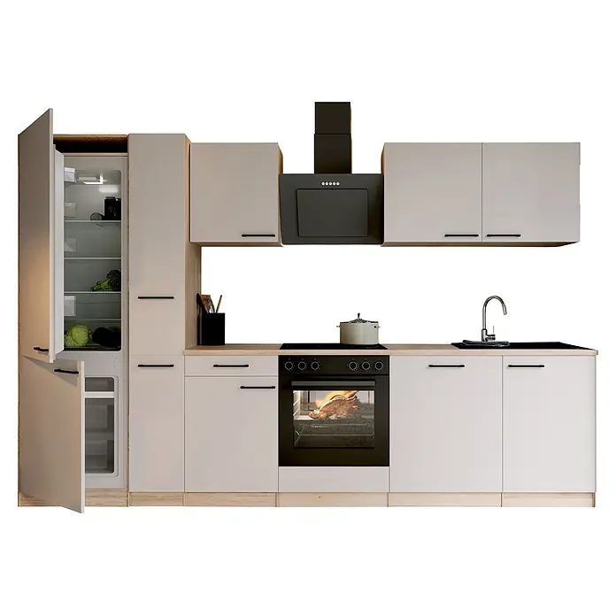 Respekta Küchenzeile Merle - Breite: 310 cm, Kaschmir, Mit Elektrogeräten - Moderne Küchenzeile mit hellen Schränken, Holzarbeitsplatte, schwarzen Geräten und offenem Kühlschrank, die Kochen und Aufbewahrung hervorhebt.